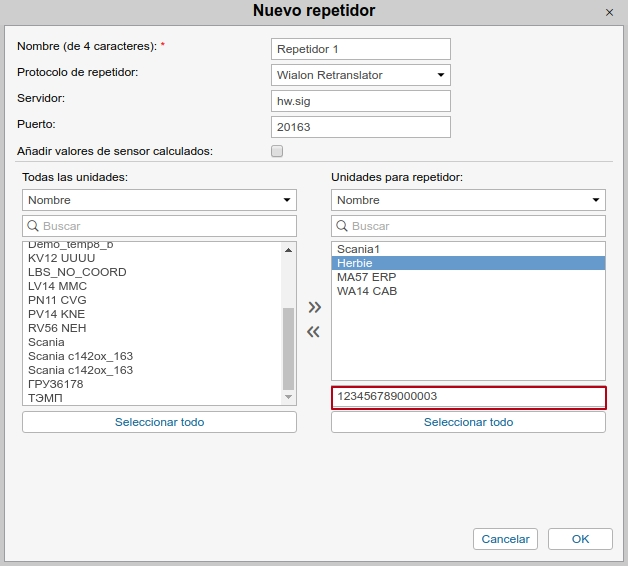 Exportación de repetidores: la lista de unidades y los ID nuevos en un archivo