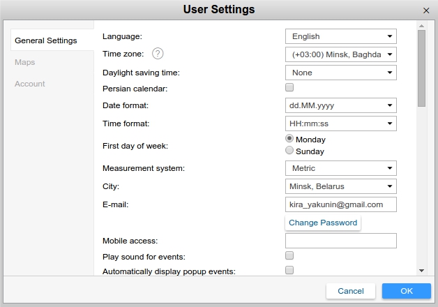 User settings